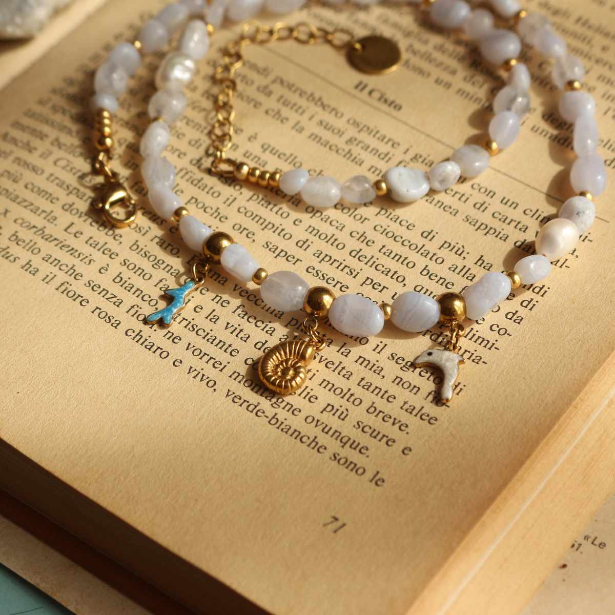 Collana con Delfino, Corallo e Conchiglia in acciaio oro