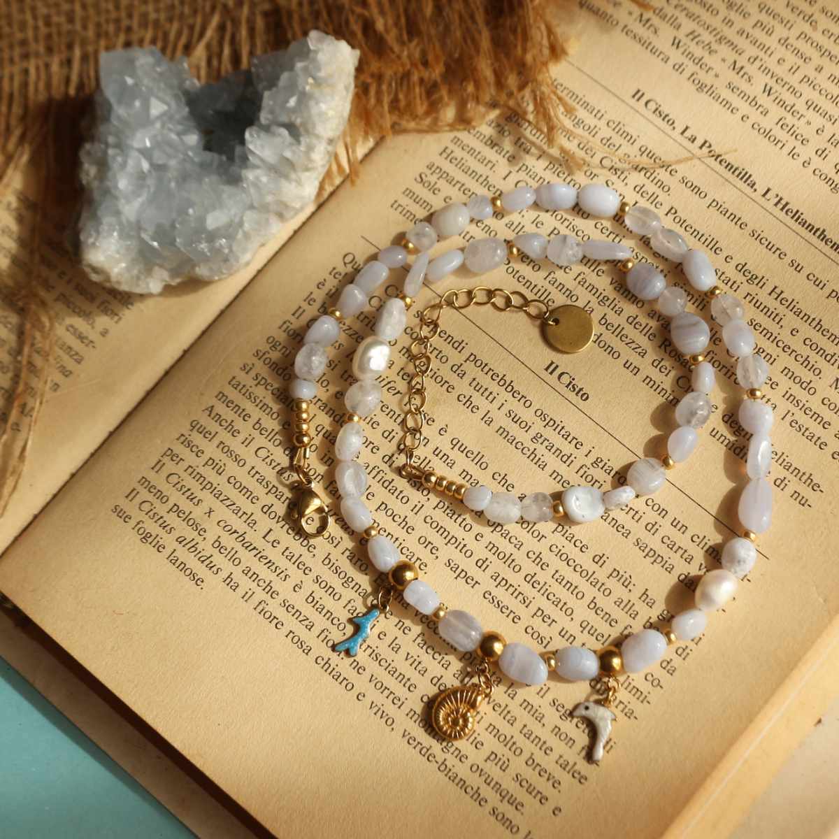 Collana con Delfino, Corallo e Conchiglia in acciaio oro