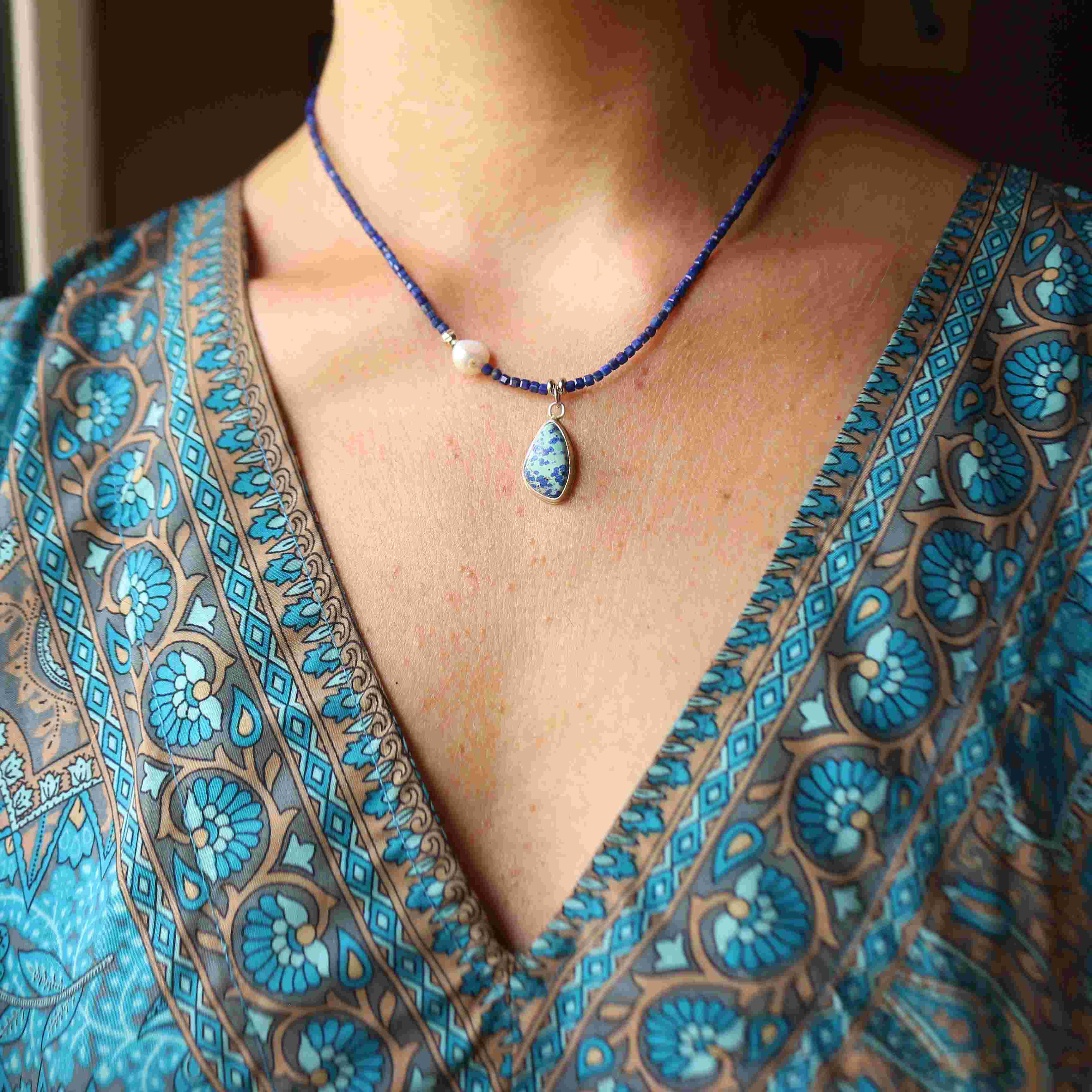 Collana della Sirena Leucosia - Lapislazzuli e Azzurrite bluebird