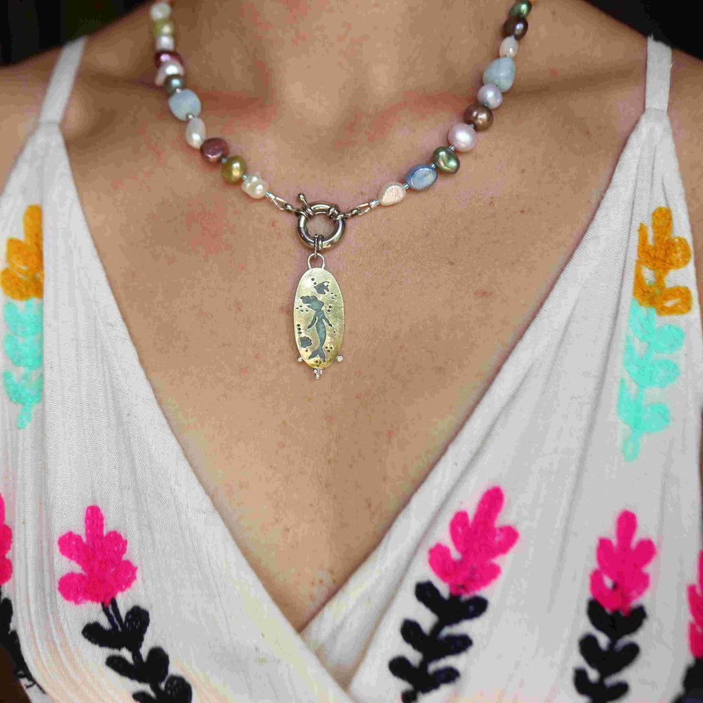 La Sirena Partenope e i suoi tesori - Choker di perle colorate e Ciondolo Sirena