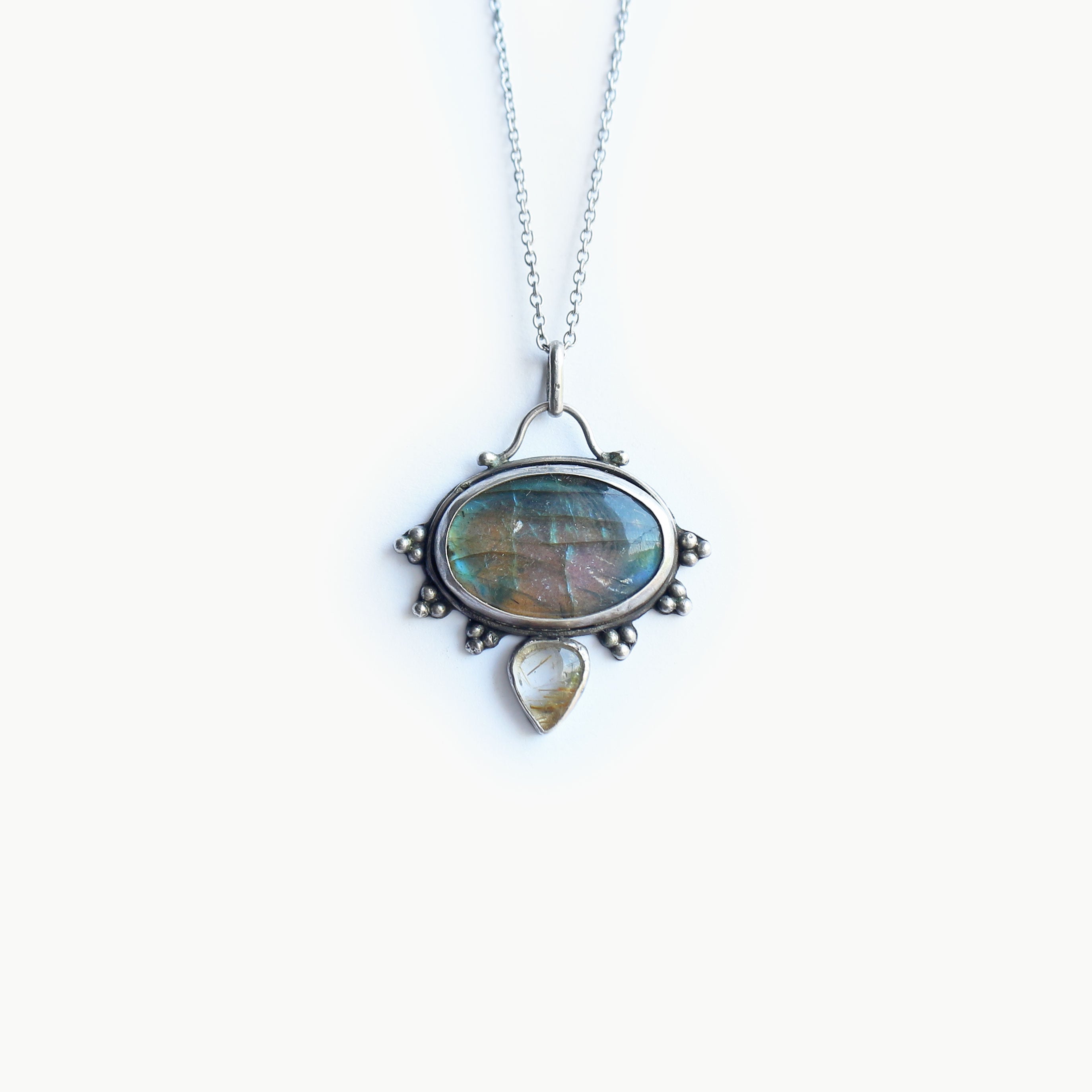 Ciondolo Labradorite e Quarzo rutilato golden in Argento