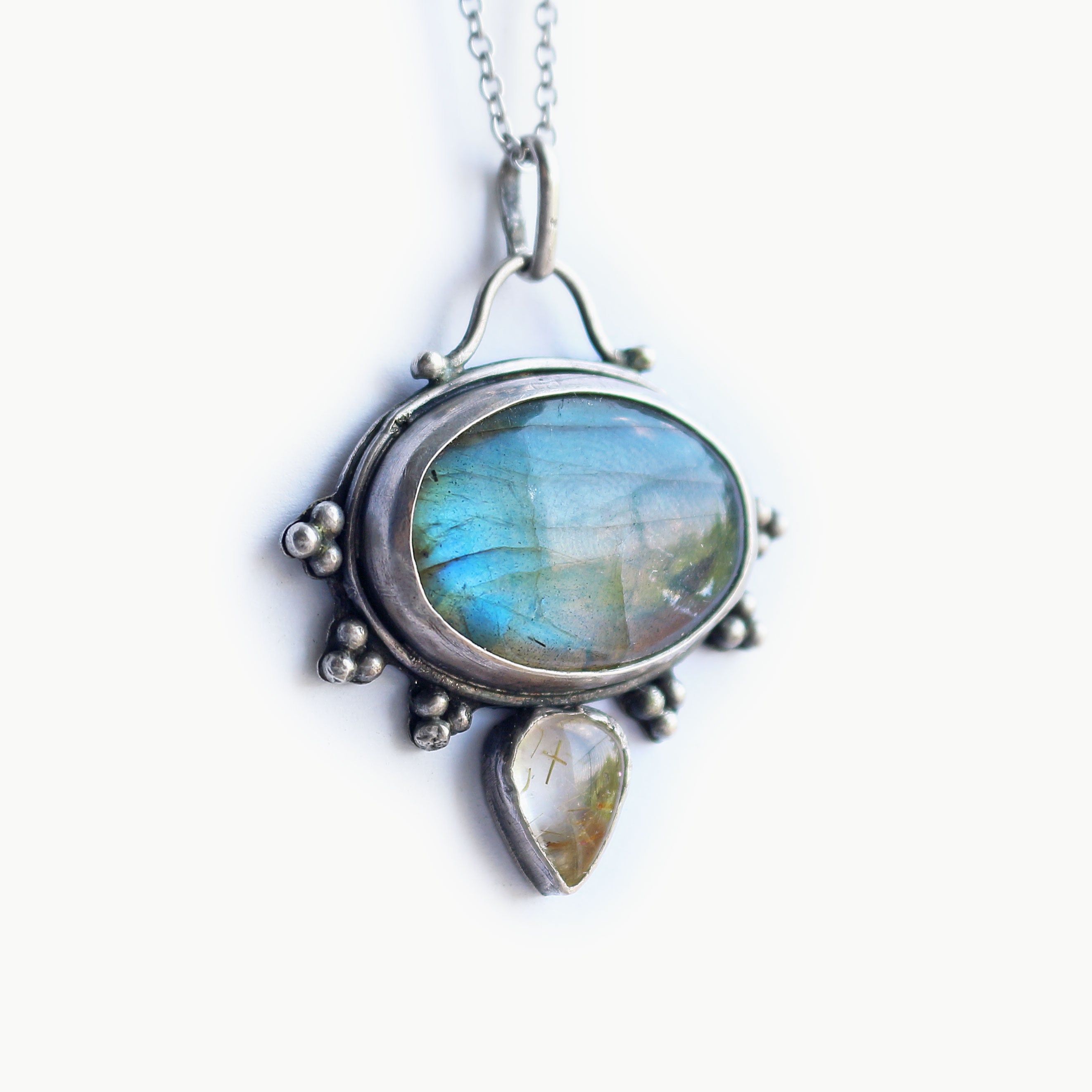 Ciondolo Labradorite e Quarzo rutilato golden in Argento