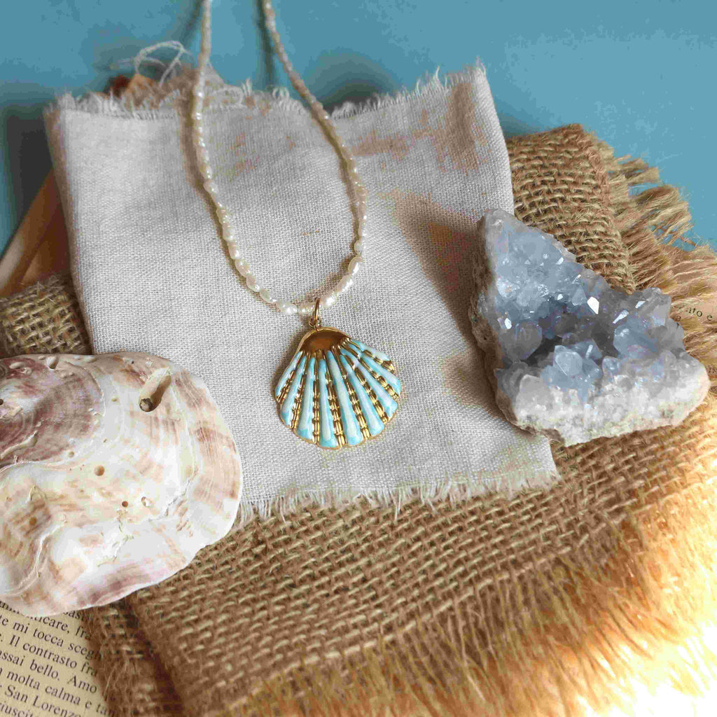 La Sirena Mareluna - Choker con Conchiglia azzurra e Collana con Turchese