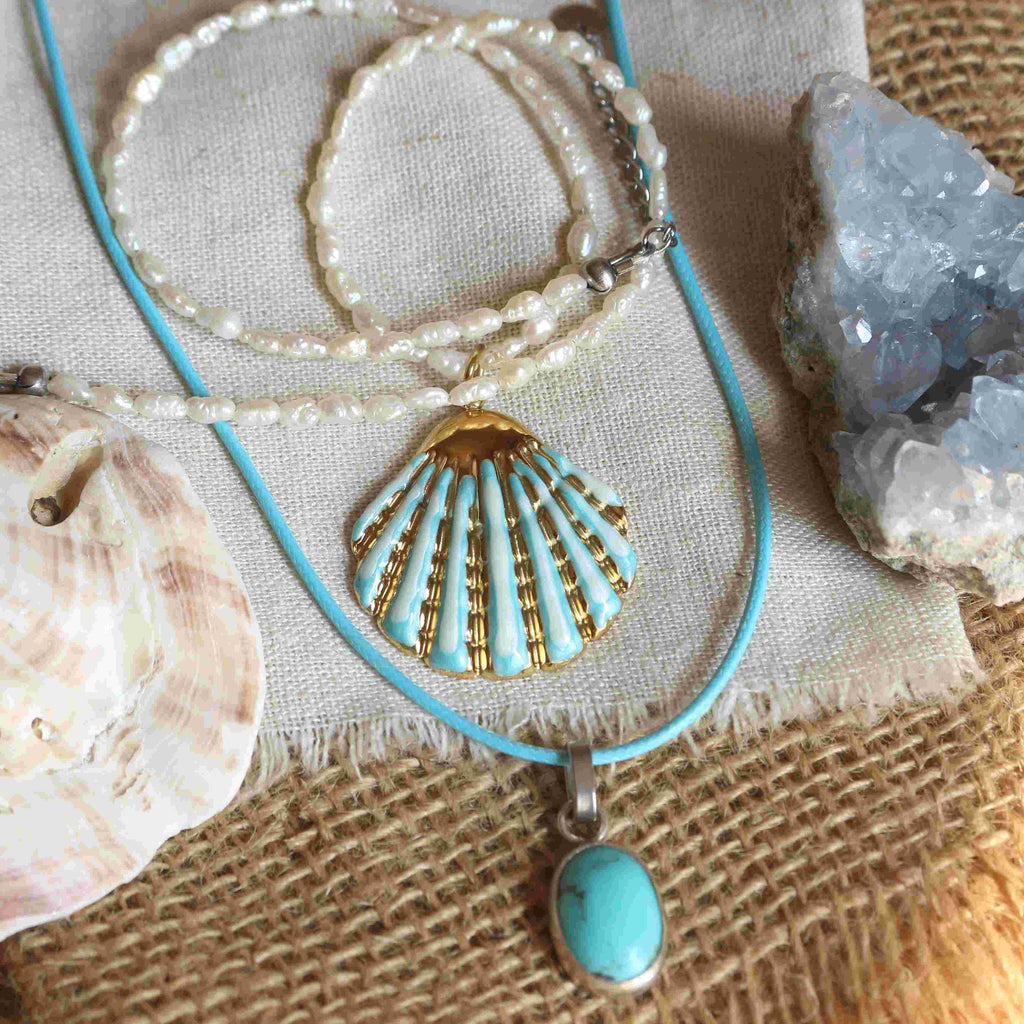 La Sirena Mareluna - Choker con Conchiglia azzurra e Collana con Turchese
