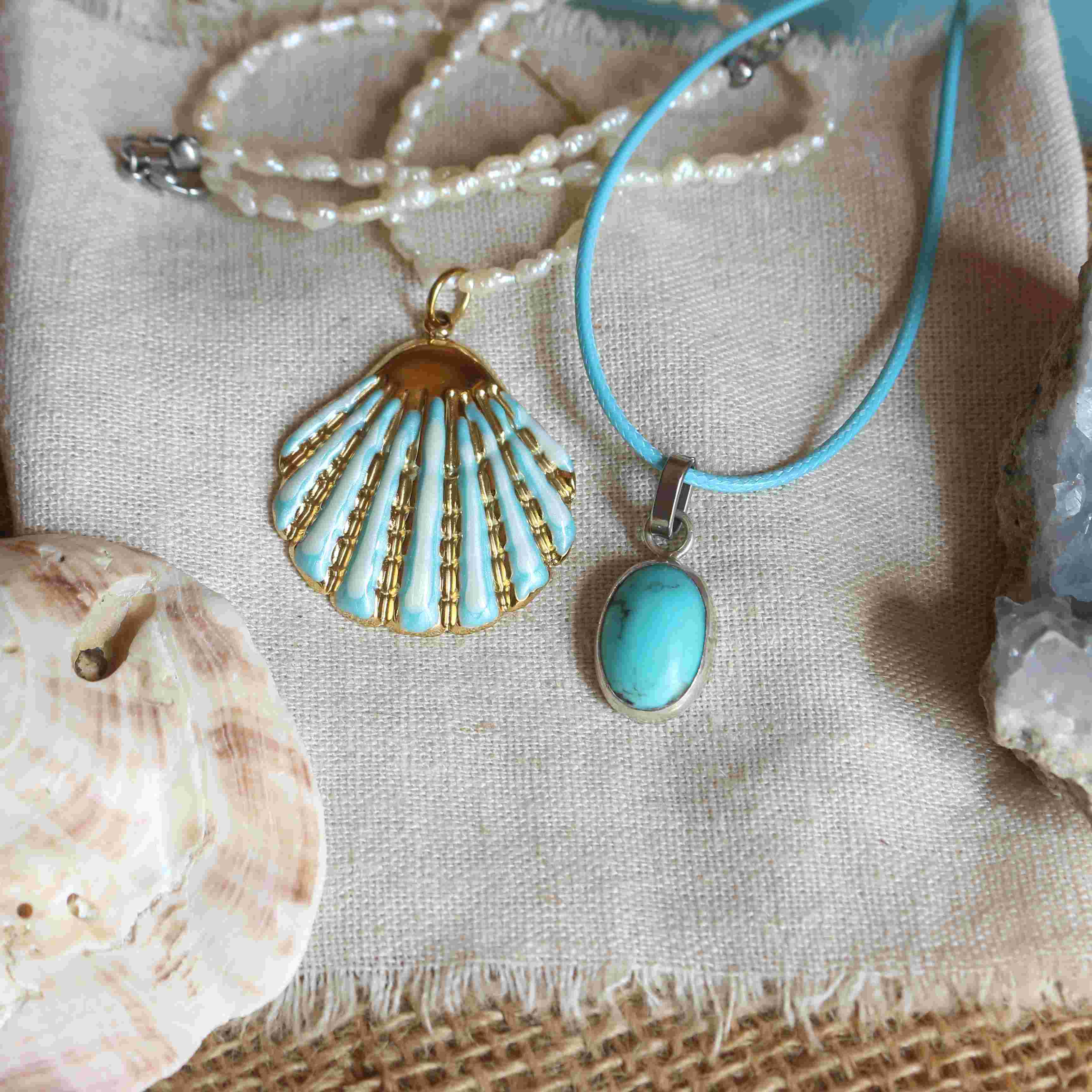 Collana della Sirena Mareluna - Choker con Conchiglia azzurra e Collana con Turchese