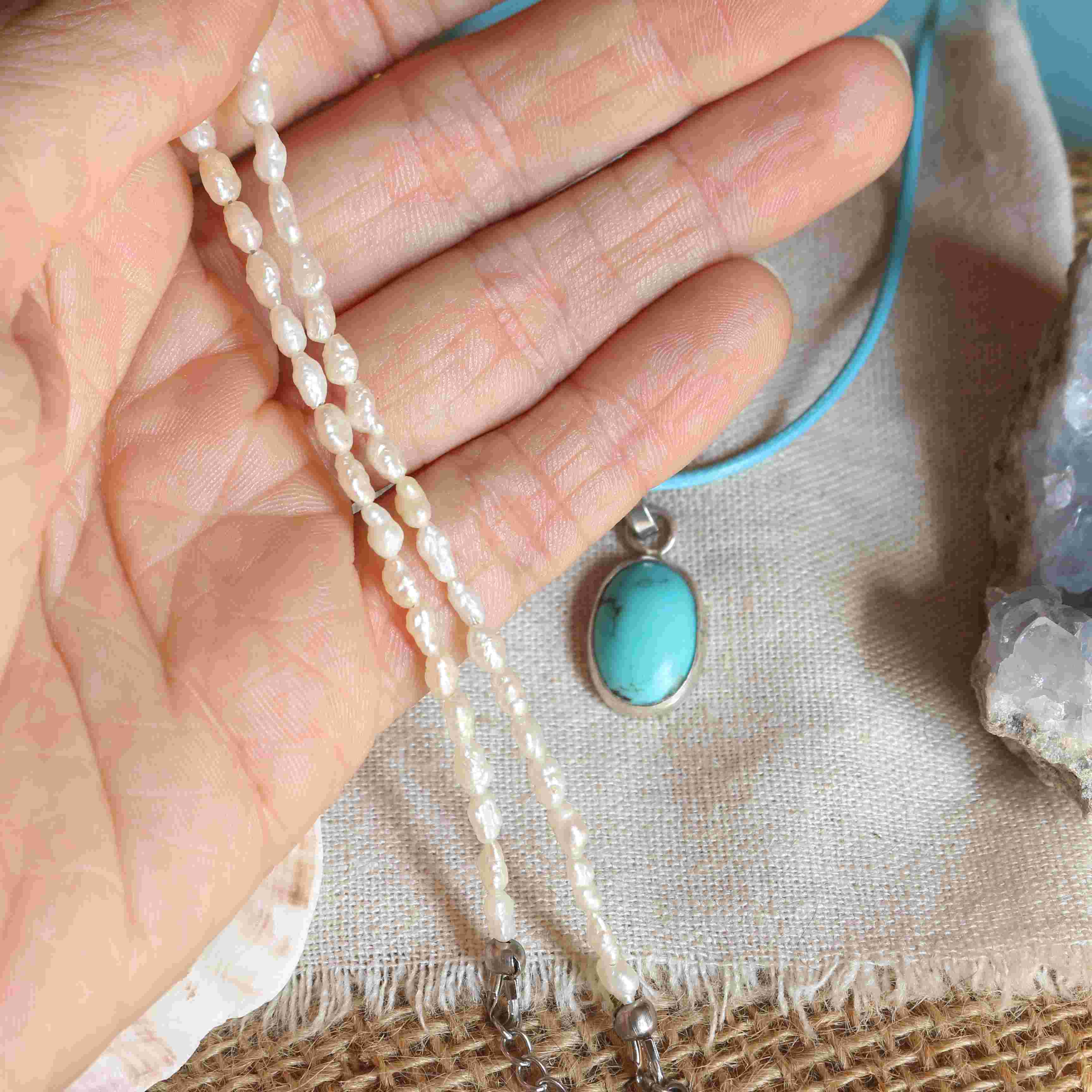 Collana della Sirena Mareluna - Choker con Conchiglia azzurra e Collana con Turchese