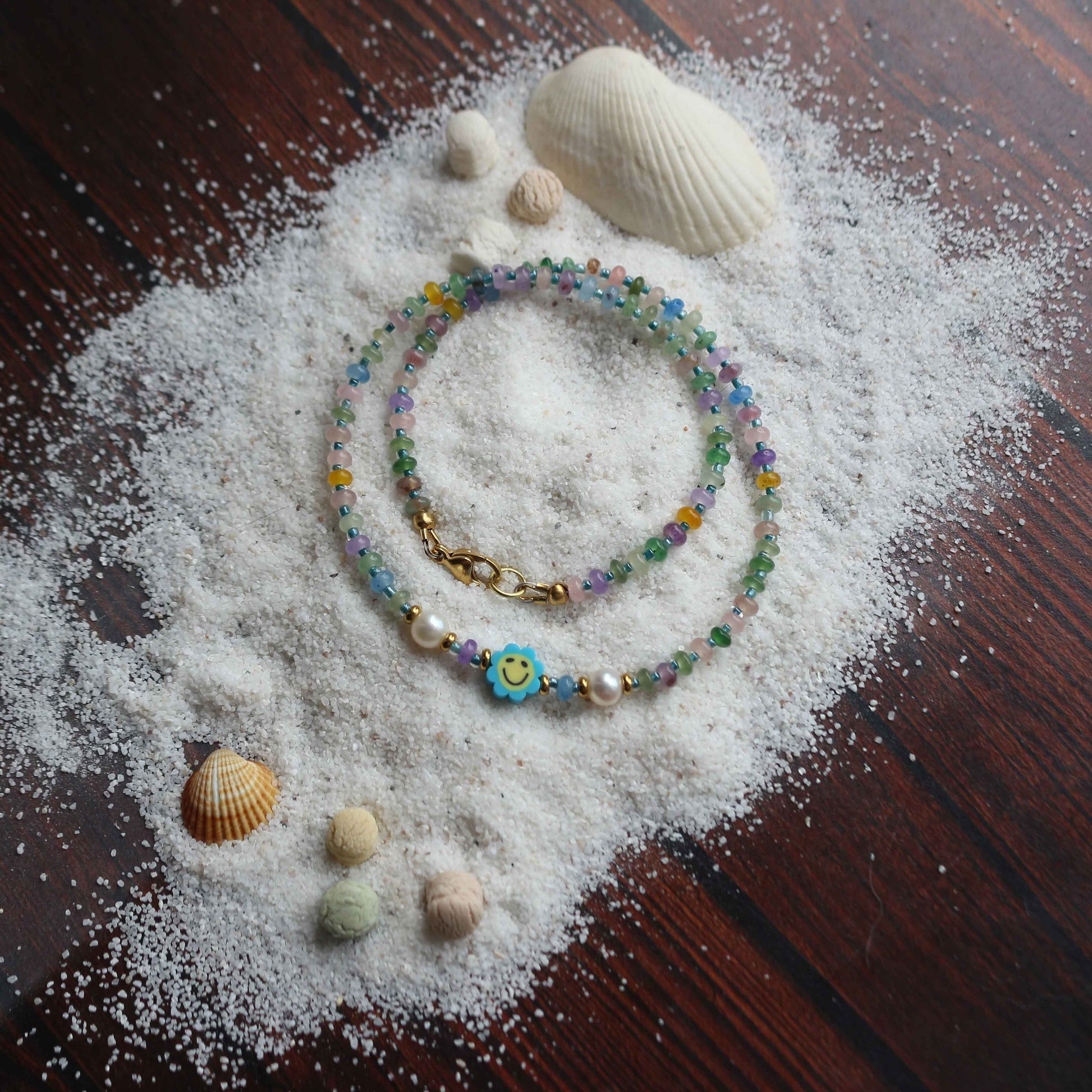Collana "Fior di Sorrisi" Giada multicolor, Perle e acciaio dorato