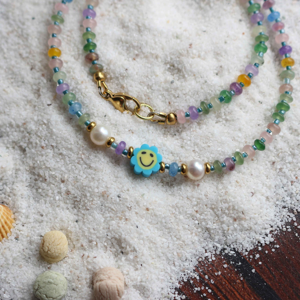 Collana "Fior di Sorrisi" Giada multicolor, Perle e acciaio dorato