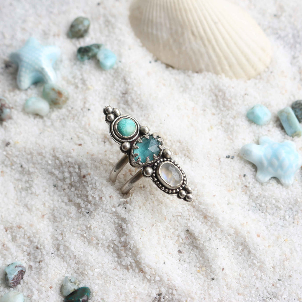 Anello "Trilogia dell'Acqua" Acquamarina, Turchese naturale e Labradorite bianca