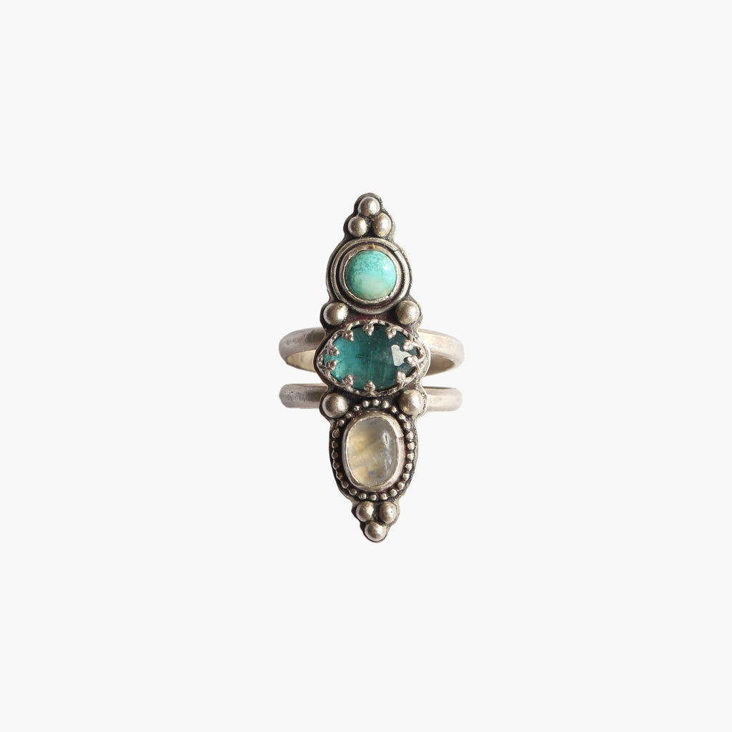 Anello "Trilogia dell'Acqua" Acquamarina, Turchese naturale e Labradorite bianca