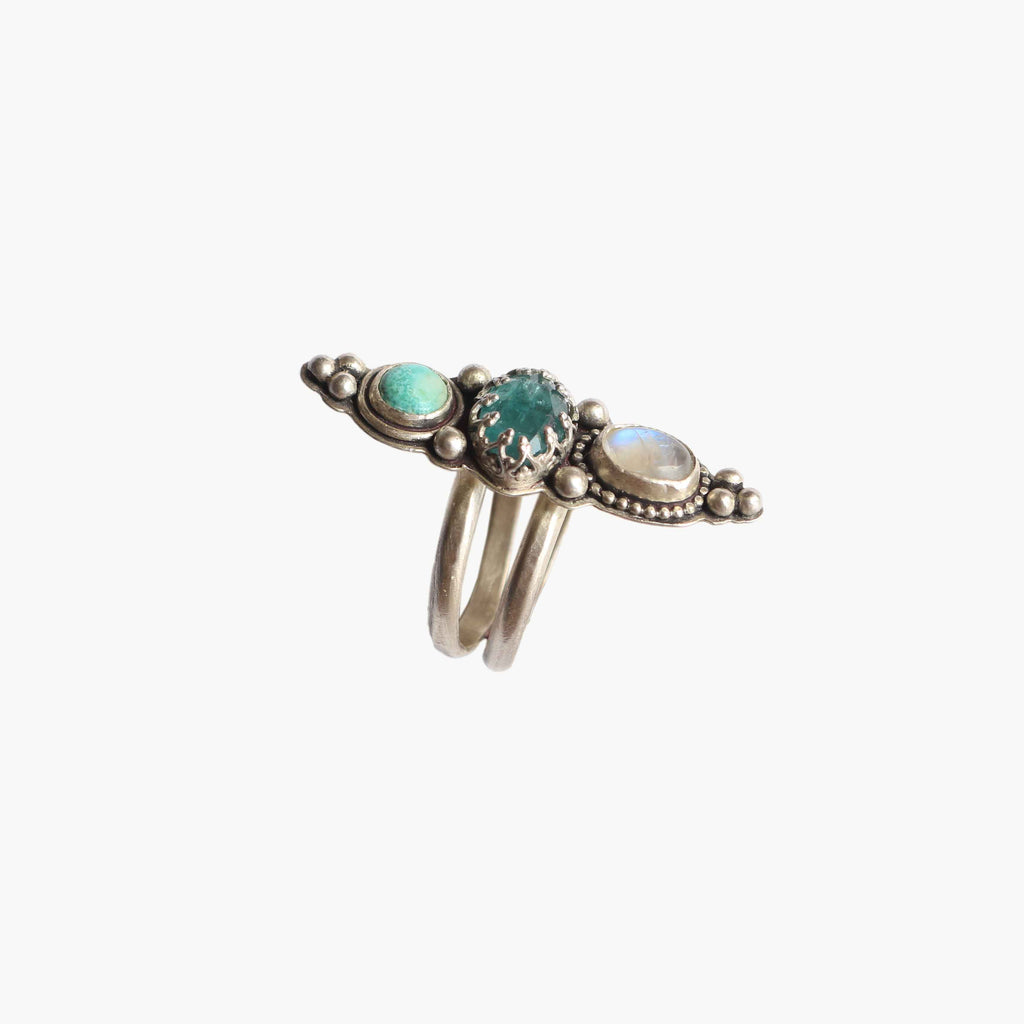 Anello "Trilogia dell'Acqua" Acquamarina, Turchese naturale e Labradorite bianca