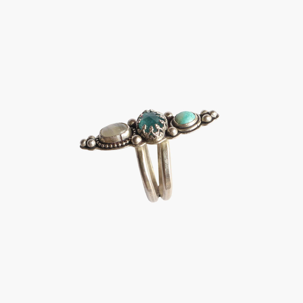 Anello "Trilogia dell'Acqua" Acquamarina, Turchese naturale e Labradorite bianca