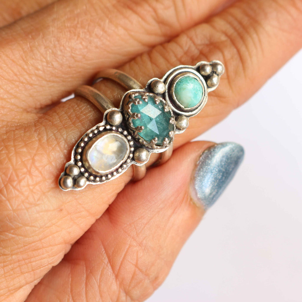 Anello "Trilogia dell'Acqua" Acquamarina, Turchese naturale e Labradorite bianca