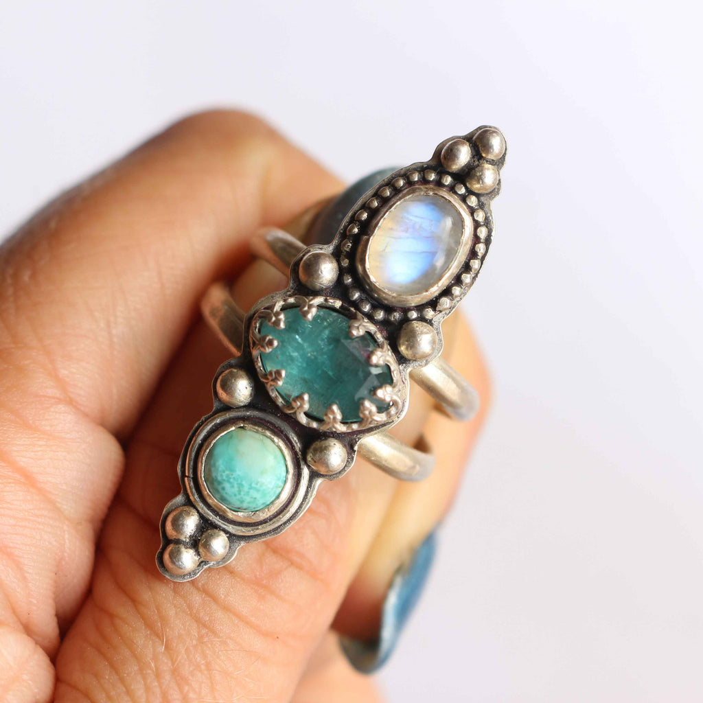Anello "Trilogia dell'Acqua" Acquamarina, Turchese naturale e Labradorite bianca