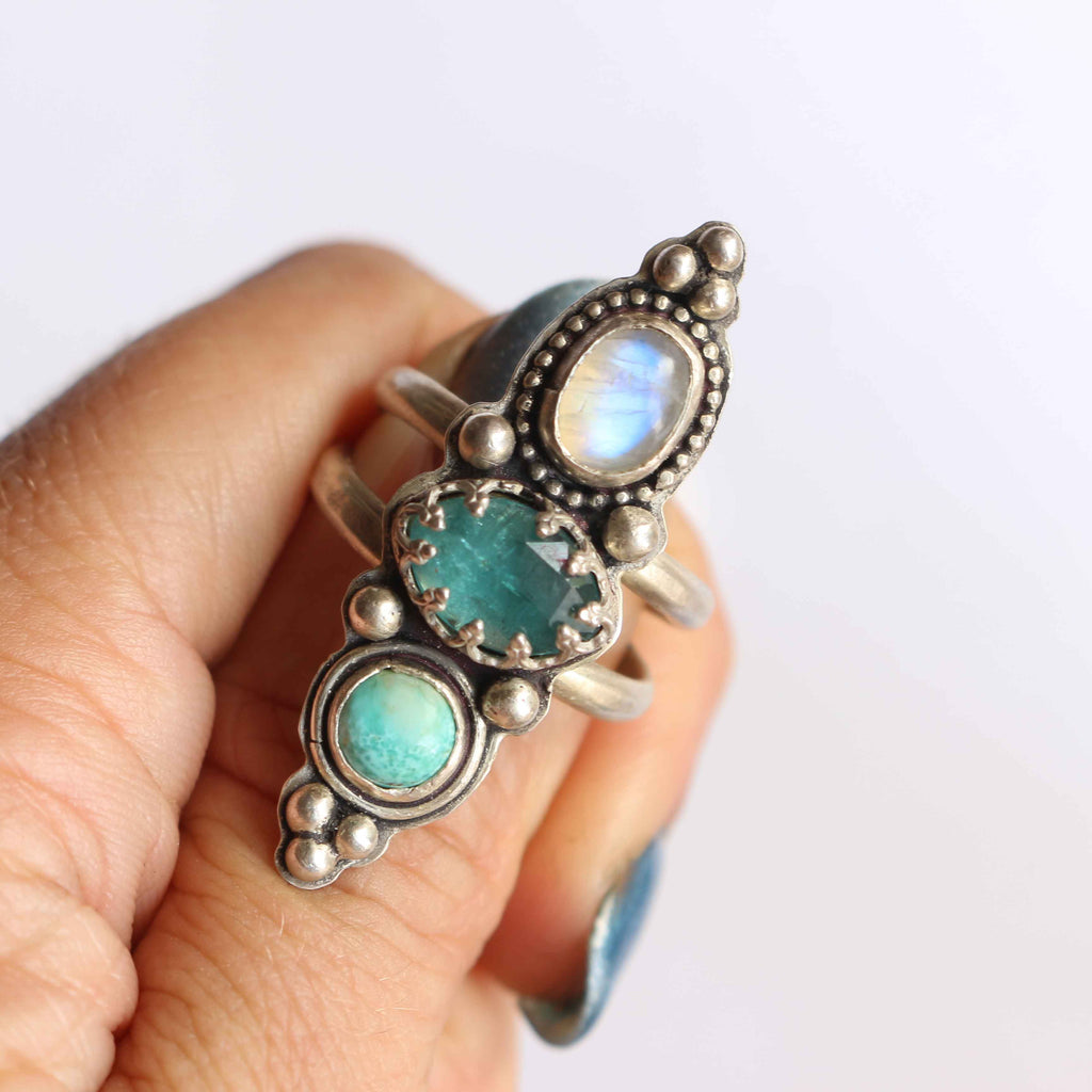 Anello "Trilogia dell'Acqua" Acquamarina, Turchese naturale e Labradorite bianca