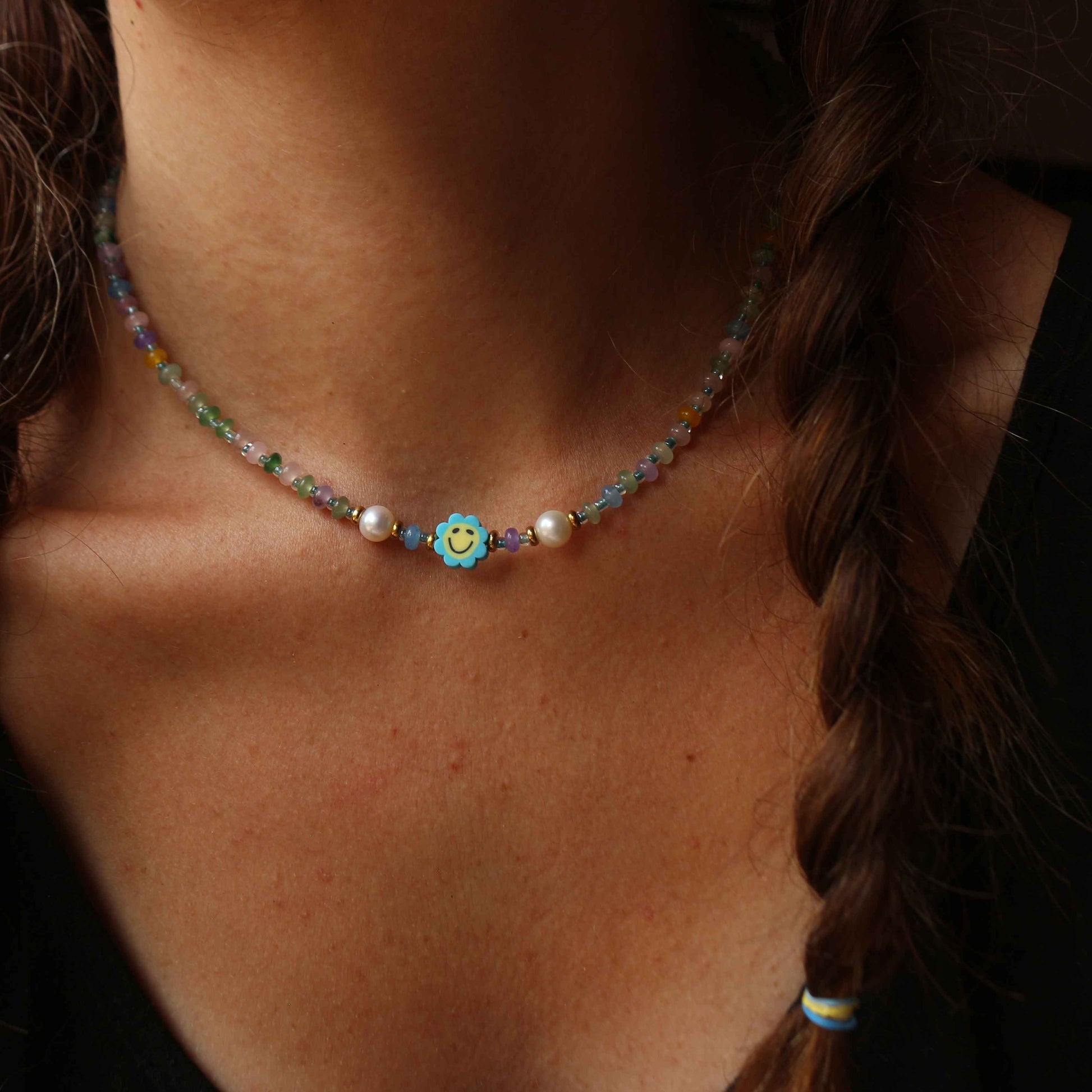 Collana "Fior di Sorrisi" Giada multicolor, Perle e acciaio dorato