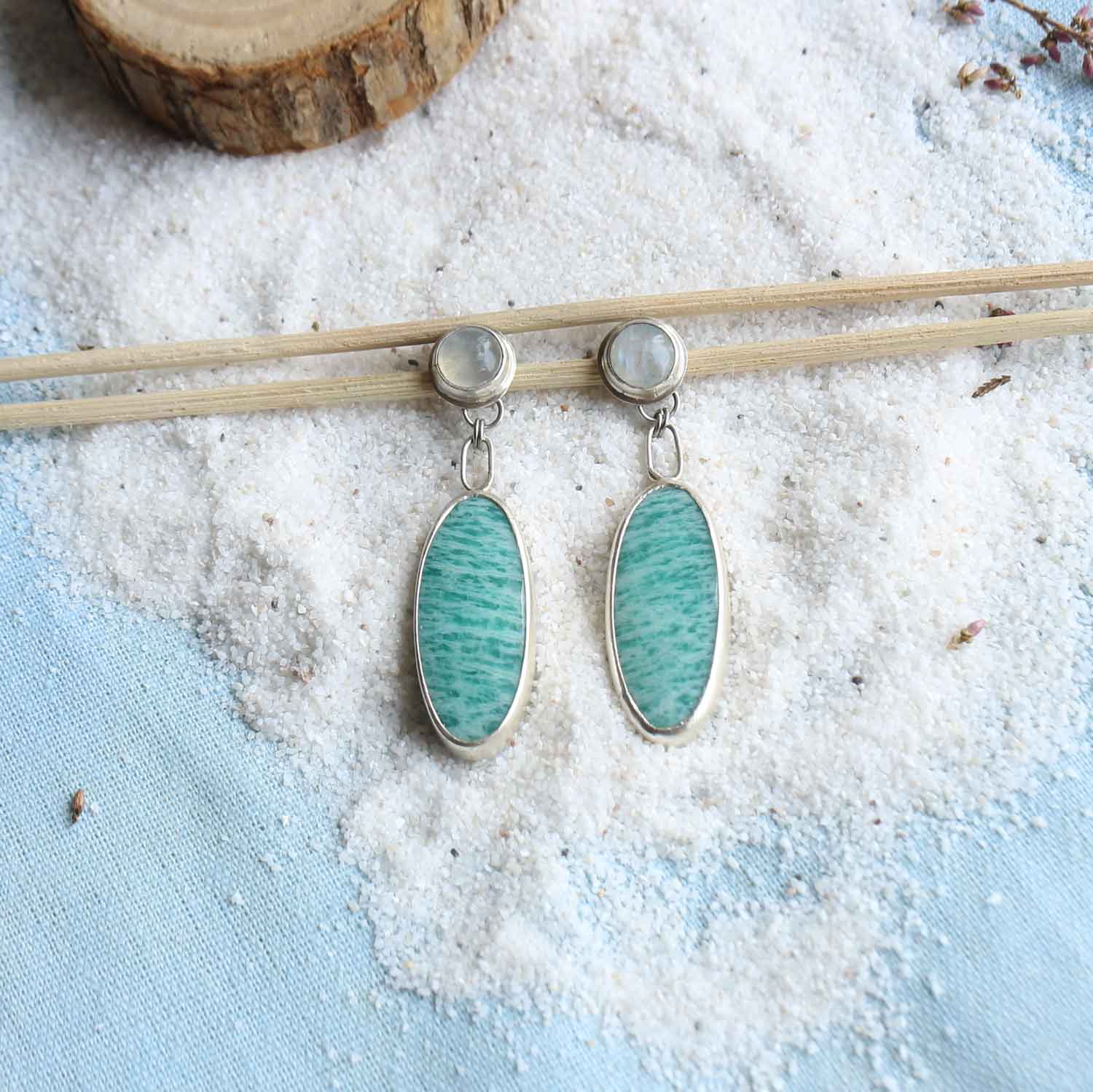 Orecchini "Onde di Luce" Amazzonite e Labradorite bianca