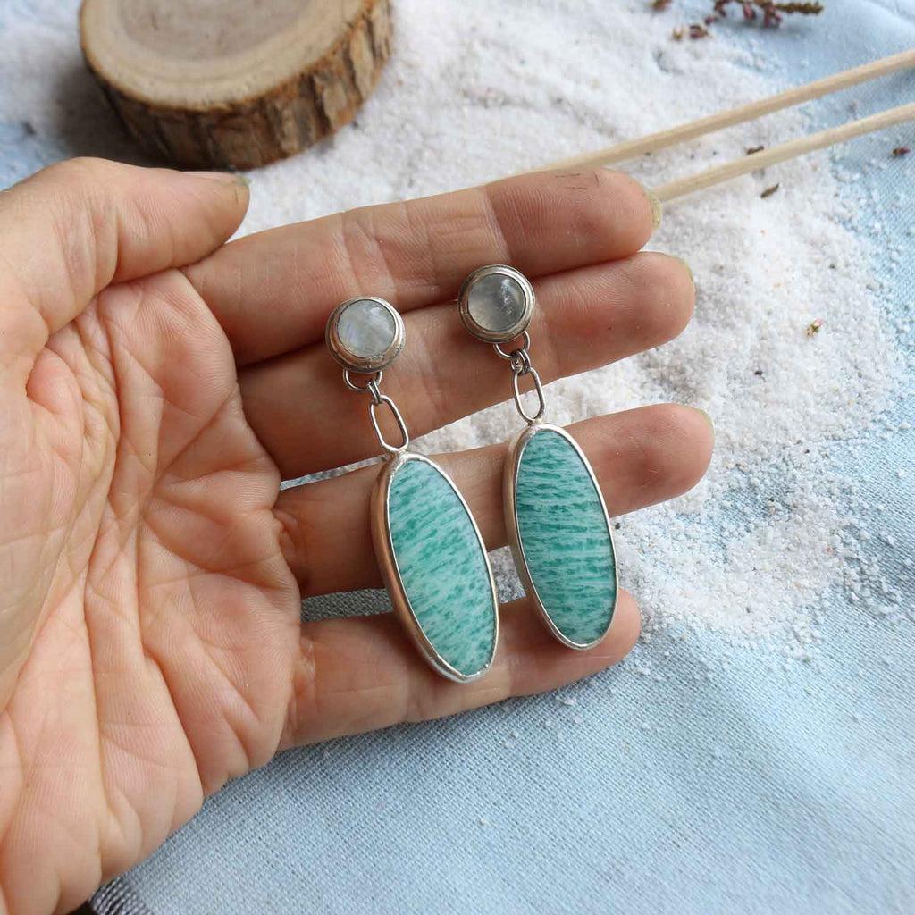 Orecchini "Onde di Luce" Amazzonite e Labradorite bianca