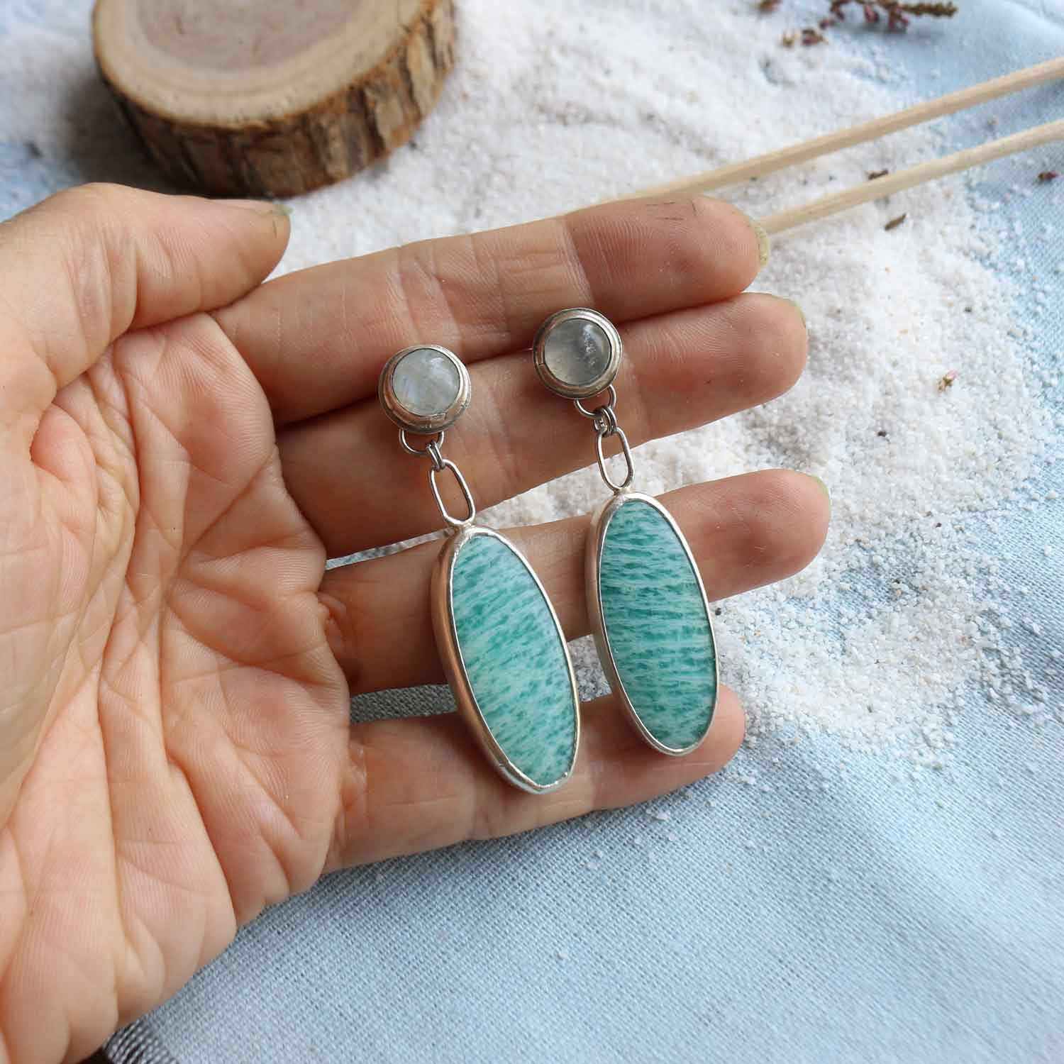 Orecchini "Onde di Luce" Amazzonite e Labradorite bianca