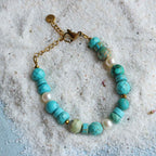 Braccialetto con Turchese e pietre varie, perle coltivate, acciaio oro