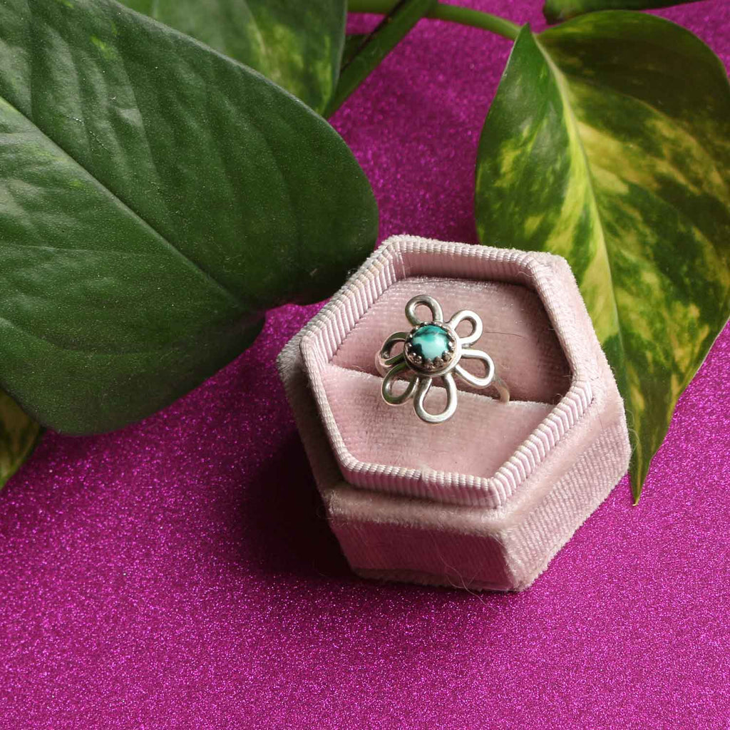 Anello regolabile "Fiore Blu" Turchese naturale e argento