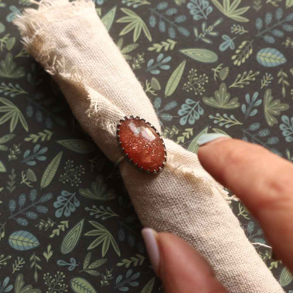 Anello "Aurora di Fuoco" Pietra del sole in argento - Regolabile