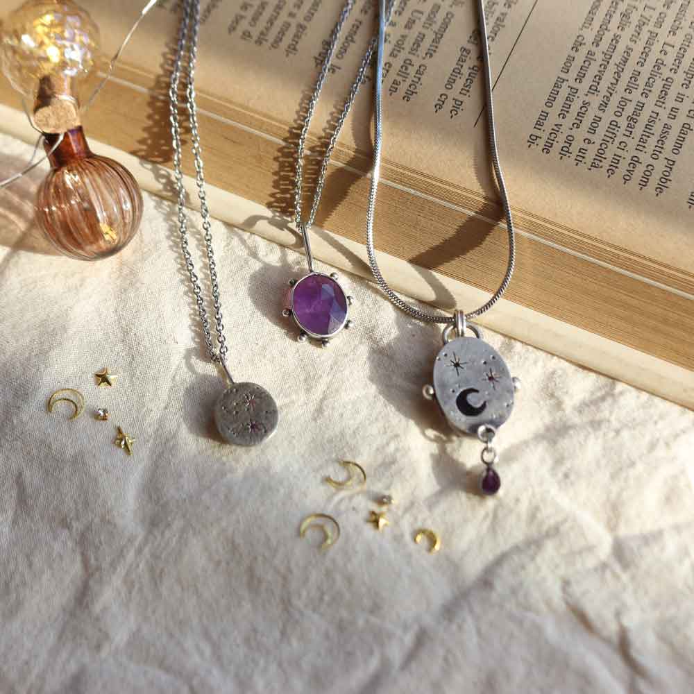 Ciondolo "Oculus Mistico" Ametista viola, taglio rose-cut