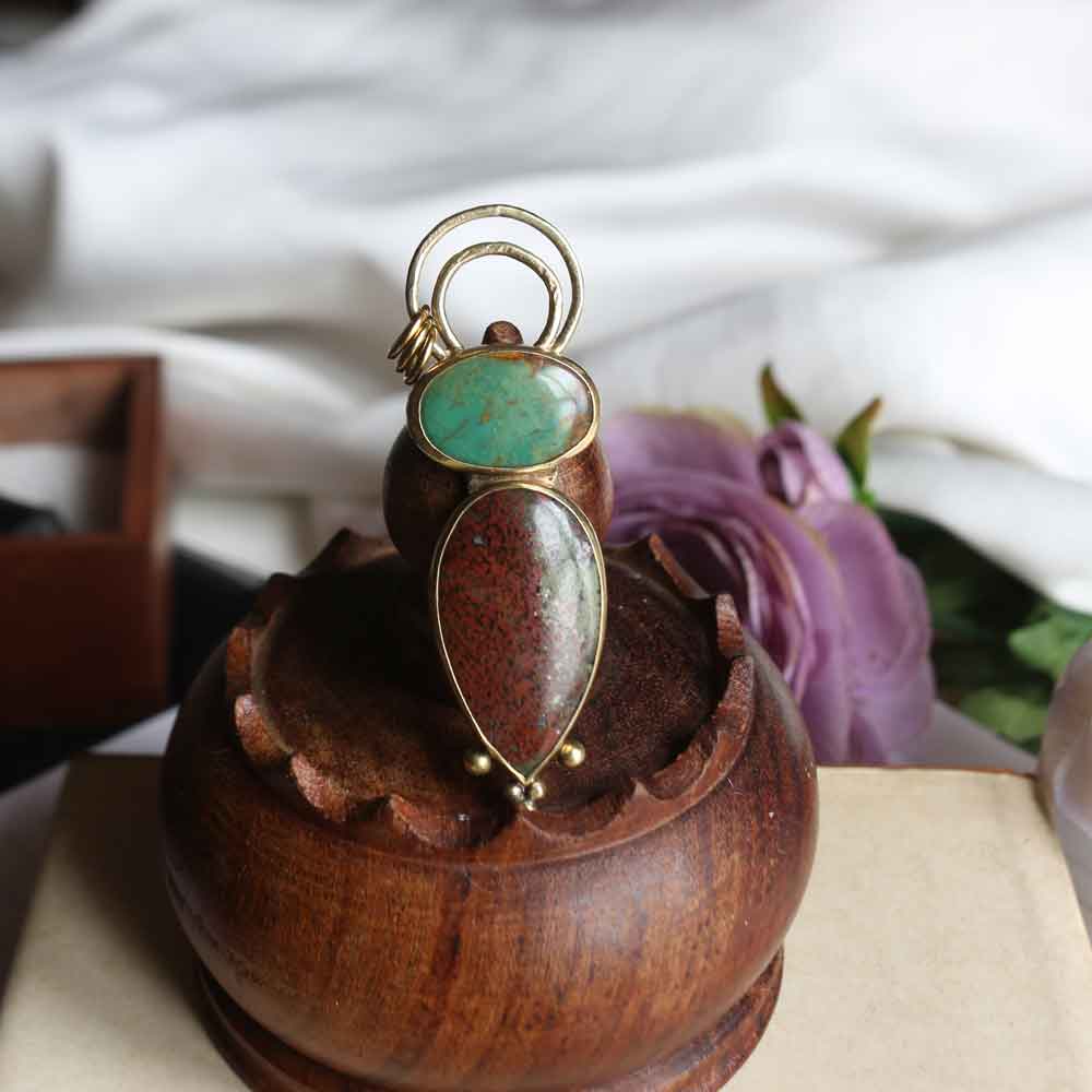 Ciondolo TOTEM "Il Serpente" con fiore di loto - Agata Indiana e Turchese Royston