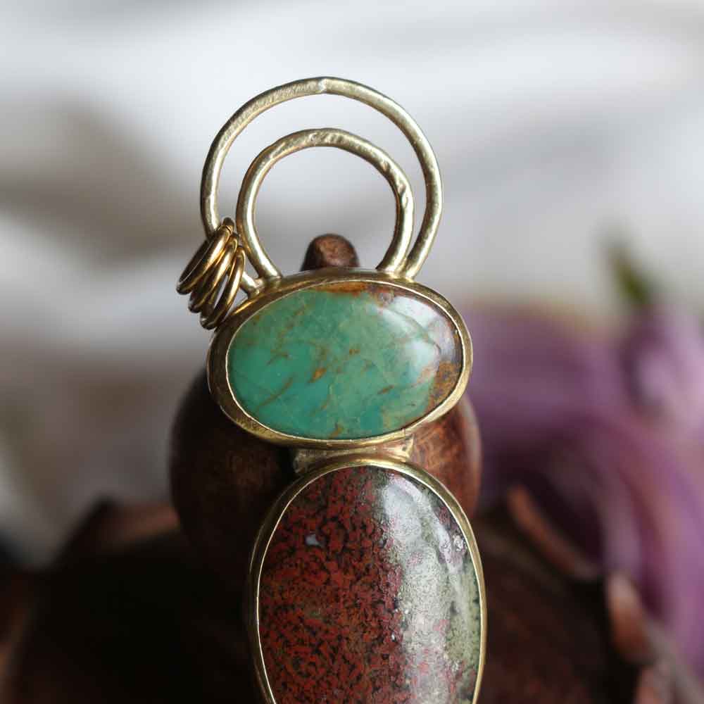 Ciondolo TOTEM "Il Serpente" con fiore di loto - Agata Indiana e Turchese Royston