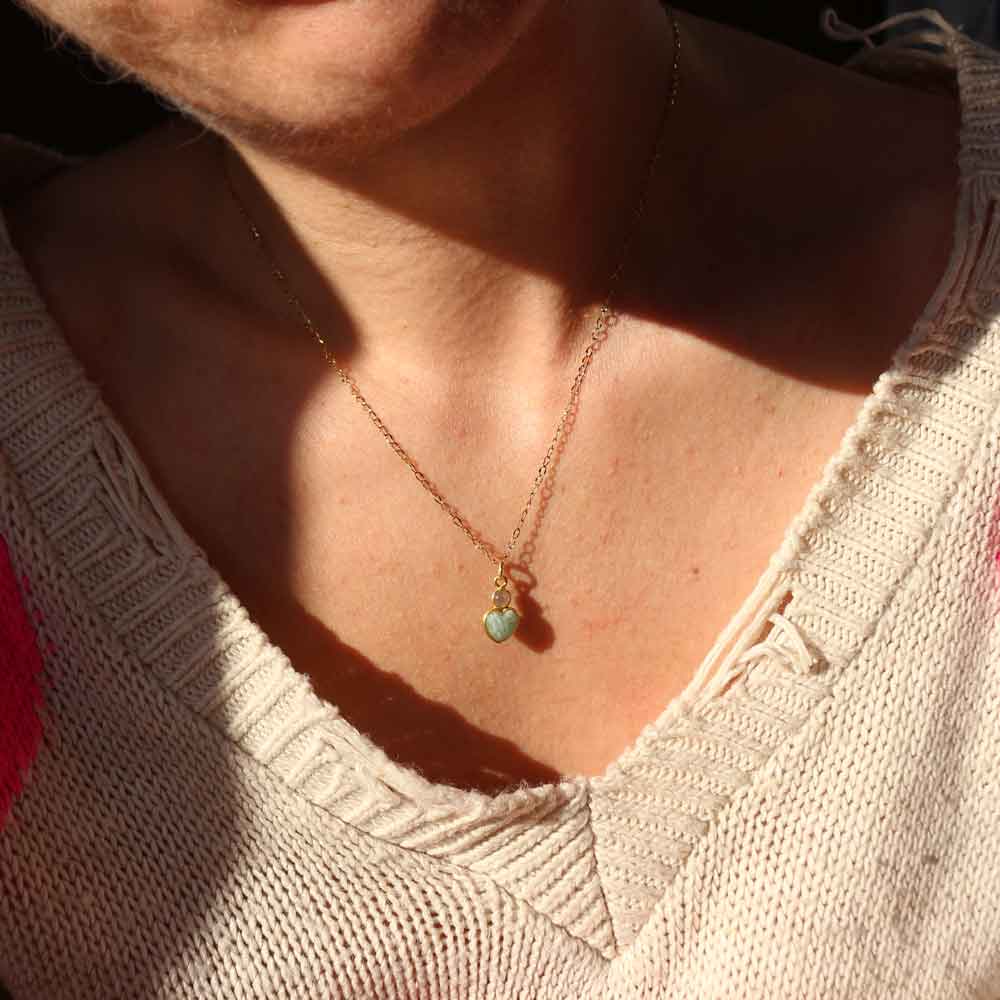 Collana "LUMEA" - Ciondolo cuore di Amazzonite e catenina acciaio