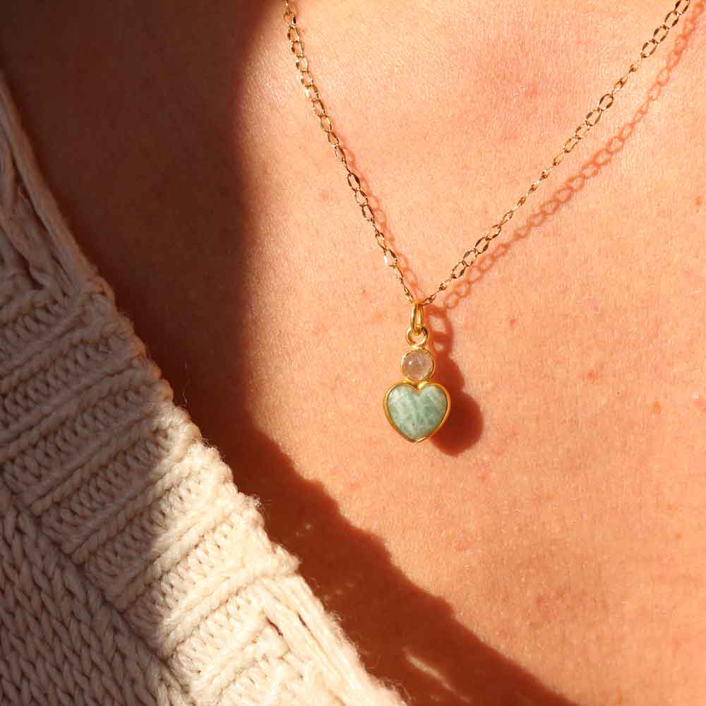 Collana "LUMEA" - Ciondolo cuore di Amazzonite e catenina acciaio
